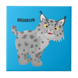 Cute mean bobcat lynx cartoon ceramic tile