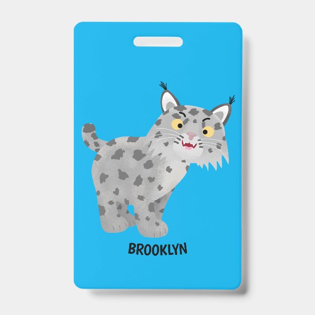 Cute mean bobcat lynx cartoon ID badge (Front)