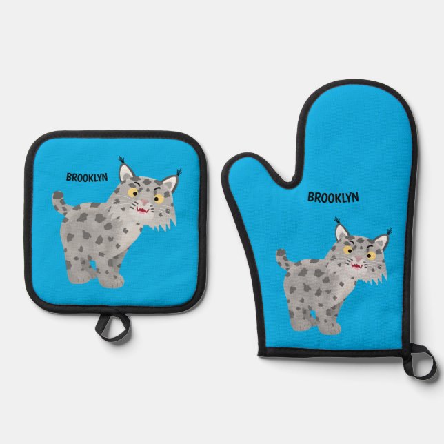 Cute mean bobcat lynx cartoon oven mitt & pot holder set (Front)