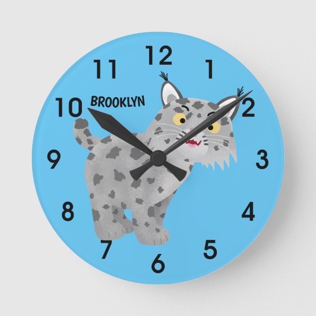 Cute mean bobcat lynx cartoon round clock (Front)