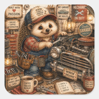 Cute Mechanic Hedgehog Rustic Garage Square Sticker