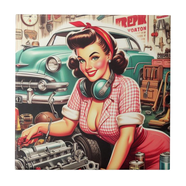 Cute Mechanic Pin-up Ceramic Tile (Front)