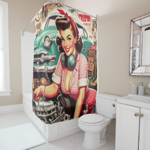 Cute Mechanic Pin-up Shower Curtain
