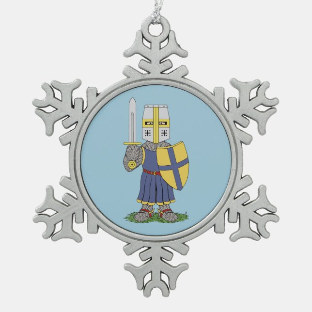Cute Mediaeval Knight Snowflake Pewter Christmas Ornament (Front)