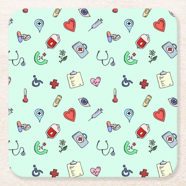 Cute Medical Icon Pattern Square Paper Coaster (Front)