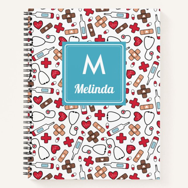 Cute Medical Pattern Nurse Monogrammed Notebook (Front)
