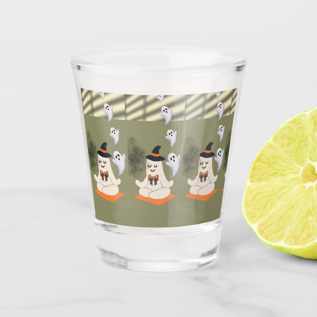 Cute Meditating Ghost with Witch Hat Shot Glass (Front)