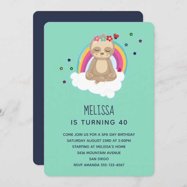Cute Meditating Sloth on a Cloud Birthday Party Invitation (Front/Back)