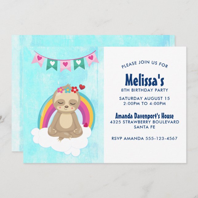 Cute Meditating Sloth with a Rainbow Birthday Invitation (Front/Back)