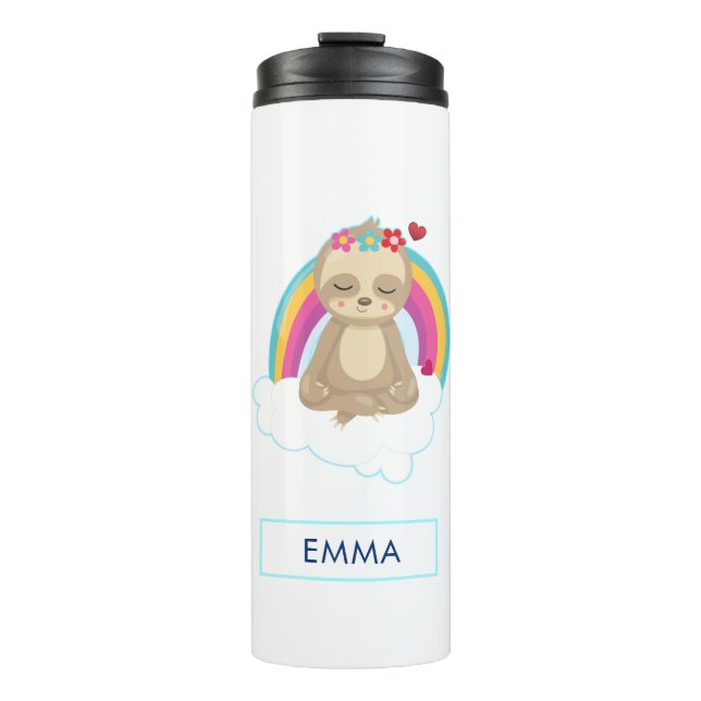 Cute Meditating Sloth with a Rainbow Thermal Tumbler (Front)