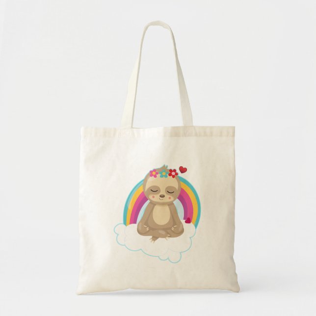 Cute Meditating Sloth with a Rainbow Tote Bag (Front)