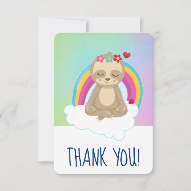 Cute Meditating Sloth with Rainbow Thank You Card (Front)