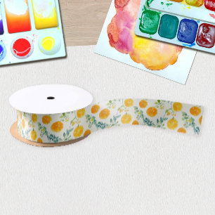 Cute Mediterranean Orange Watercolor Pattern Satin Ribbon