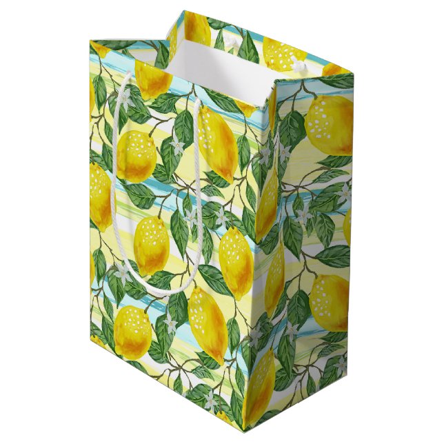 Cute Mediterranean Summer Lemon Fruit Art Pattern Medium Gift Bag (Back Angled)