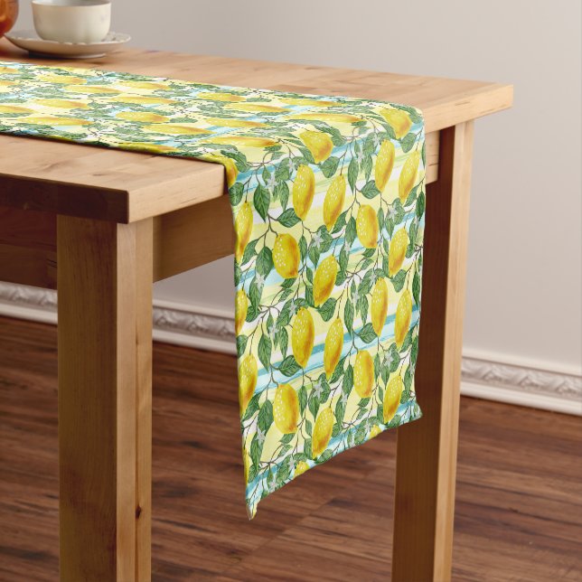Cute Mediterranean Summer Lemon Fruit Art Pattern Short Table Runner (In Situ)