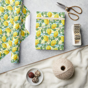 Cute Mediterranean Summer Lemon Fruit Art Pattern Wrapping Paper