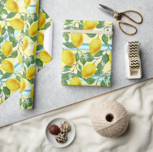 Cute Mediterranean Summer Lemon Fruit Art Pattern Wrapping Paper
