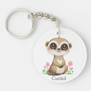 Cute Meerkat and Flowers on White Key Ring