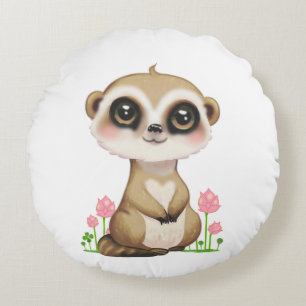 Cute Meerkat and Flowers on White Round Cushion