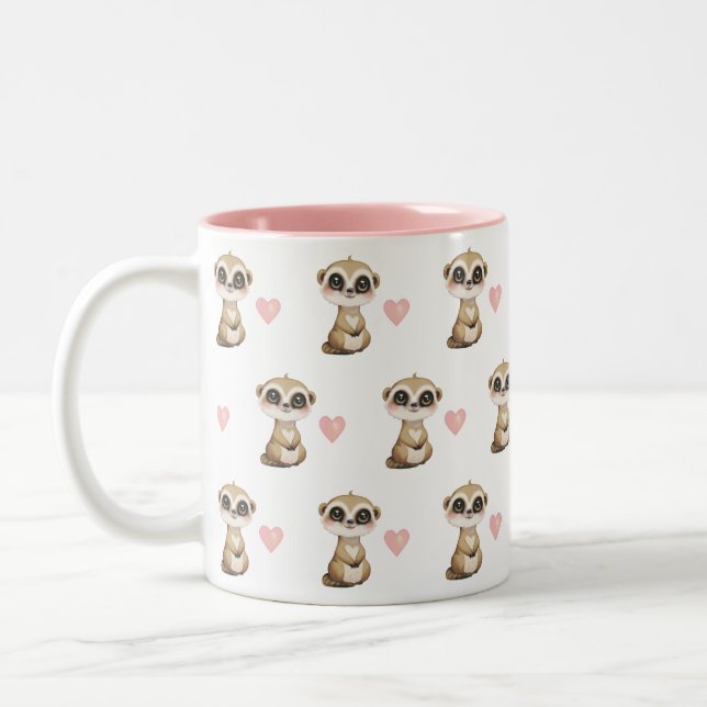 Cute Meerkat and Heart Pattern  Two-Tone Coffee Mug (Left)