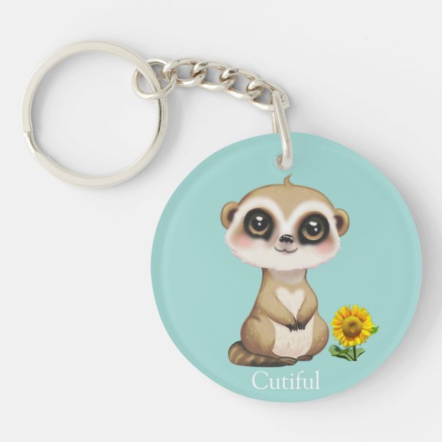 Cute Meerkat and Sunflower on Teal Key Ring (Front)