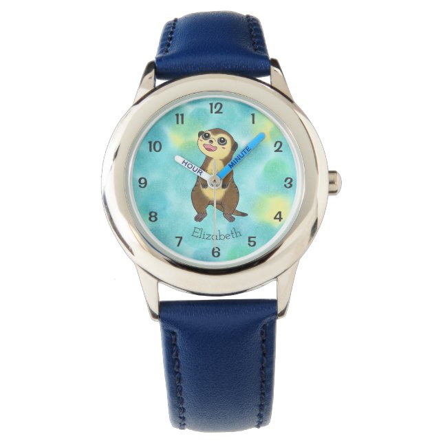 Cute Meerkat Cartoon blue Kids Name Watch (Front)