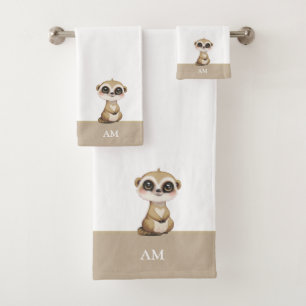 Cute Meerkat & Monogram on Beige & White Bath Towel Set