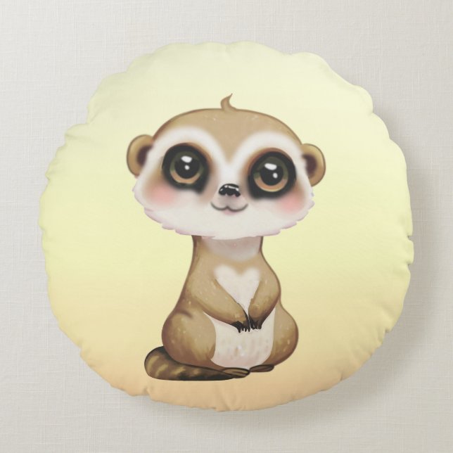 Cute Meerkat on Light Sand Beige Round Cushion (Front)