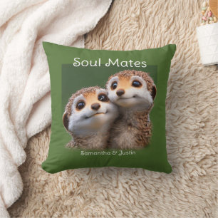 Cute Meerkat Soul Mates Green background Cushion