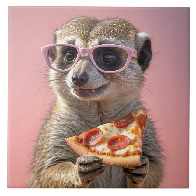 Cute Meerkat With Glasses and Pizza Ceramic Tile (Front)