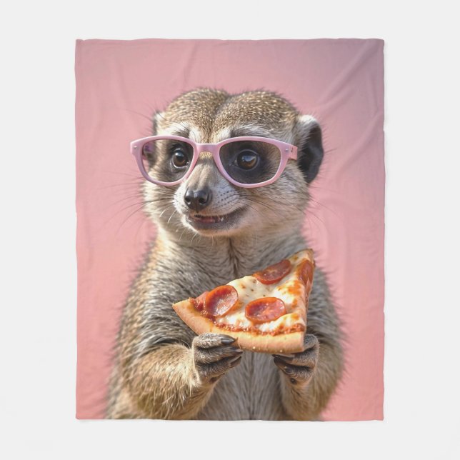Cute Meerkat With Glasses and Pizza Fleece Blanket (Front)