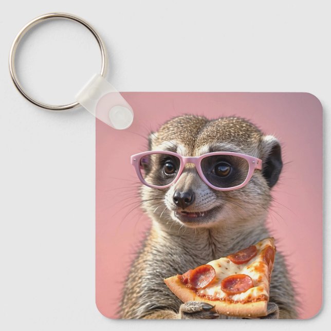Cute Meerkat With Glasses and Pizza Key Ring (Front)