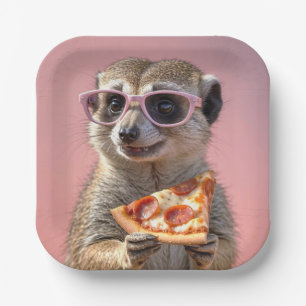 Cute Meerkat With Glasses and Pizza Paper Plate