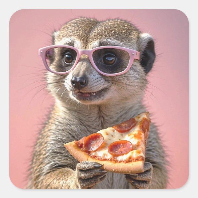 Cute Meerkat With Glasses and Pizza Square Sticker (Front)