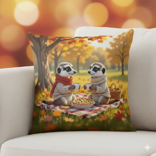 Cute Meerkats in Autumn Attire at a Picnic Cushion