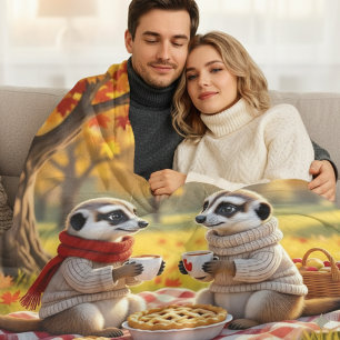 Cute Meerkats in Autumn Attire at a Picnic Fleece Blanket