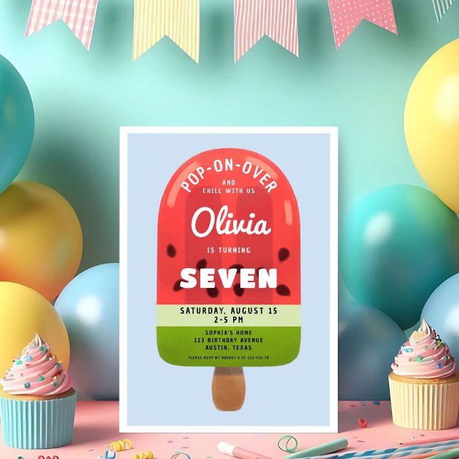 Cute Melon Popsicle Girl 7th Birthday Invitation (Cute Melon Popsicle Girl 7th Birthday Invitation)
