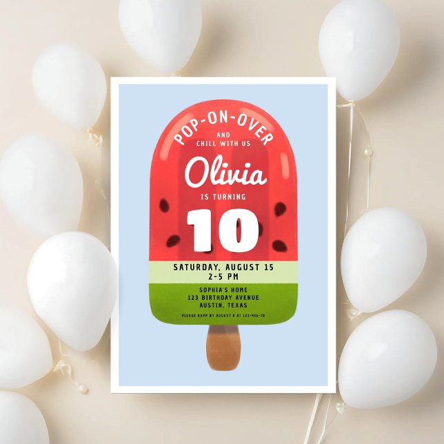 Cute Melon Popsicle Girl Tenth Birthday Invitation (Cute Melon Popsicle Girl Tenth Birthday Invitation)