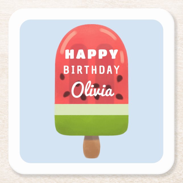 Cute Melon Popsicle Happy Birthday Square Paper Coaster (Front)