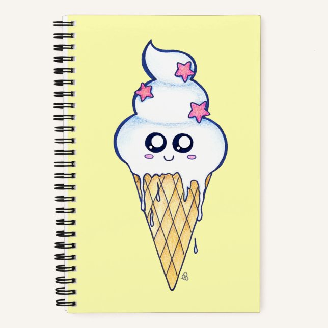 Cute Melting Ice Cream Cone, Kawaii Cartoon Notebook (Front)