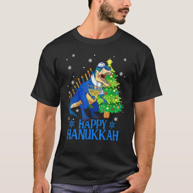 Cute Menorasaurus Rex Dinosaur Tree Christmas Happ T-Shirt (Front)