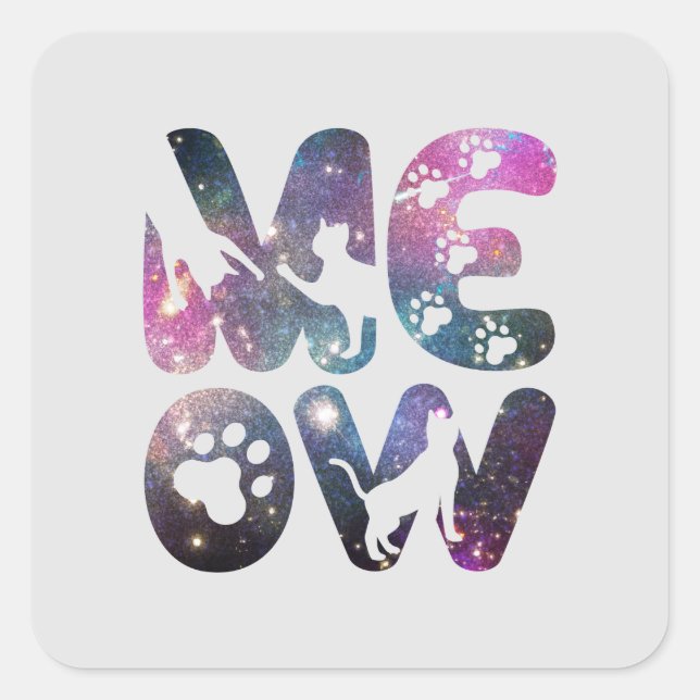 Cute Meow Cat Silhouettes and Cat Paw Prints Square Sticker (Front)