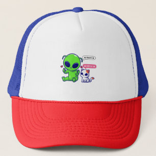 CUTE MEOW CAT WITH ALIEN TRUCKER HAT
