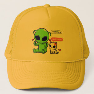 CUTE MEOW CAT WITH ALIEN  TRUCKER HAT
