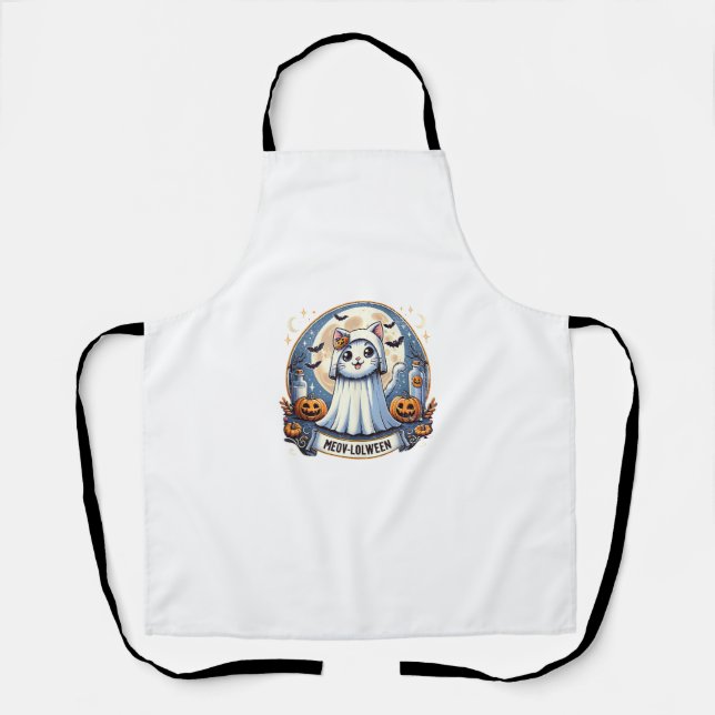 Cute Meow-lolween Cat in Ghost Costume Halloween A Apron (Front)