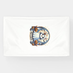 Cute Meow-lolween Cat in Ghost Costume Halloween A Banner