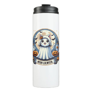 Cute Meow-lolween Cat in Ghost Costume Halloween A Thermal Tumbler