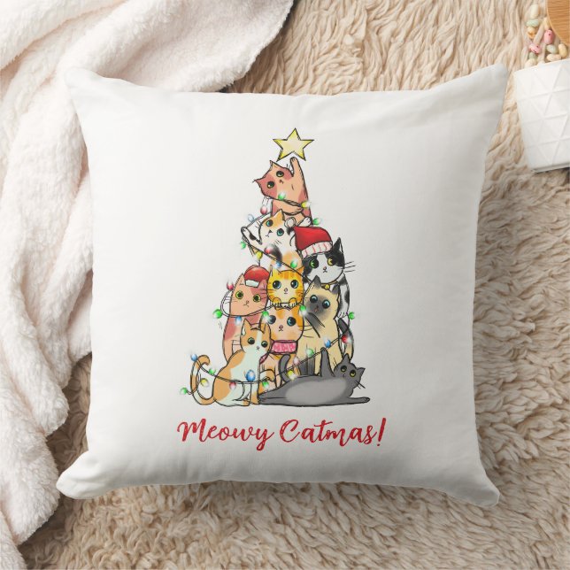 Cute Meowy Catmas Cats Christmas Tree Cushion (Blanket)