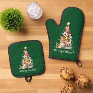 Cute Meowy Catmas Cats Christmas Tree Custom Oven Mitt & Pot Holder Set