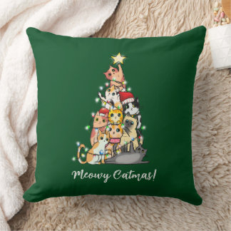 Cute Meowy Catmas Cats Christmas Tree Green Cushion